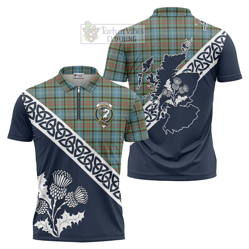 Tartan Vibes Clothing Brisbane Tartan Zipper Polo Shirt Featuring Thistle and Scotland Map