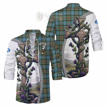 Brisbane Tartan Ghillie Kilt Shirt with Family Crest and St. Andrew's Cross Accented by Thistle Vines