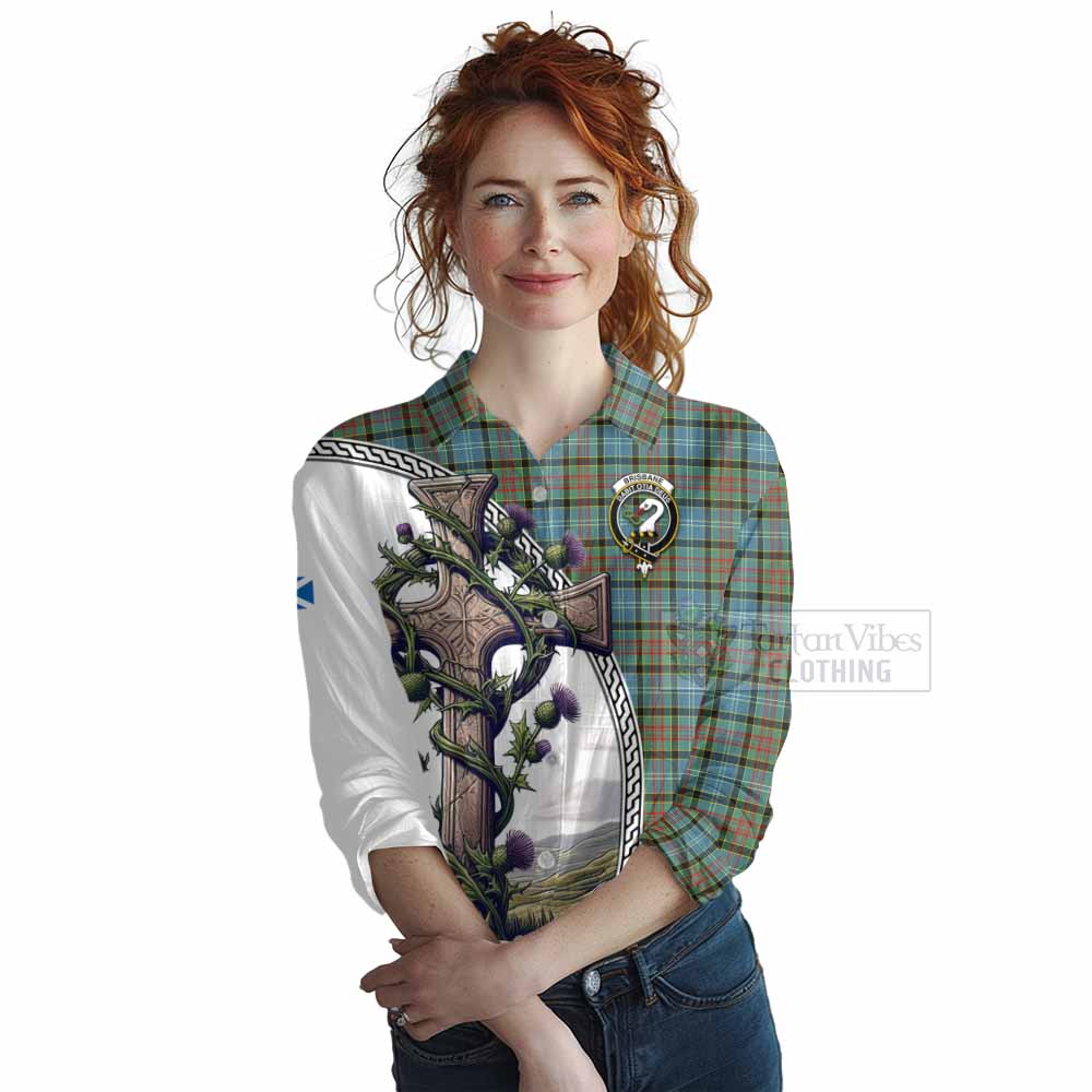 Tartan Vibes Clothing Brisbane Tartan Women's Casual Shirt with Family Crest and St. Andrew's Cross Accented by Thistle Vines