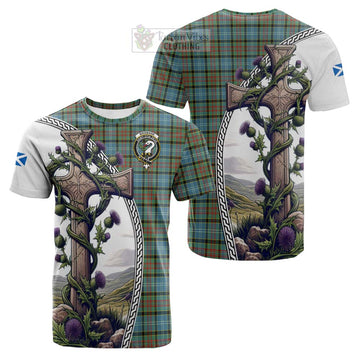 Brisbane Tartan Cotton T-shirt with Family Crest and St. Andrew's Cross Accented by Thistle Vines