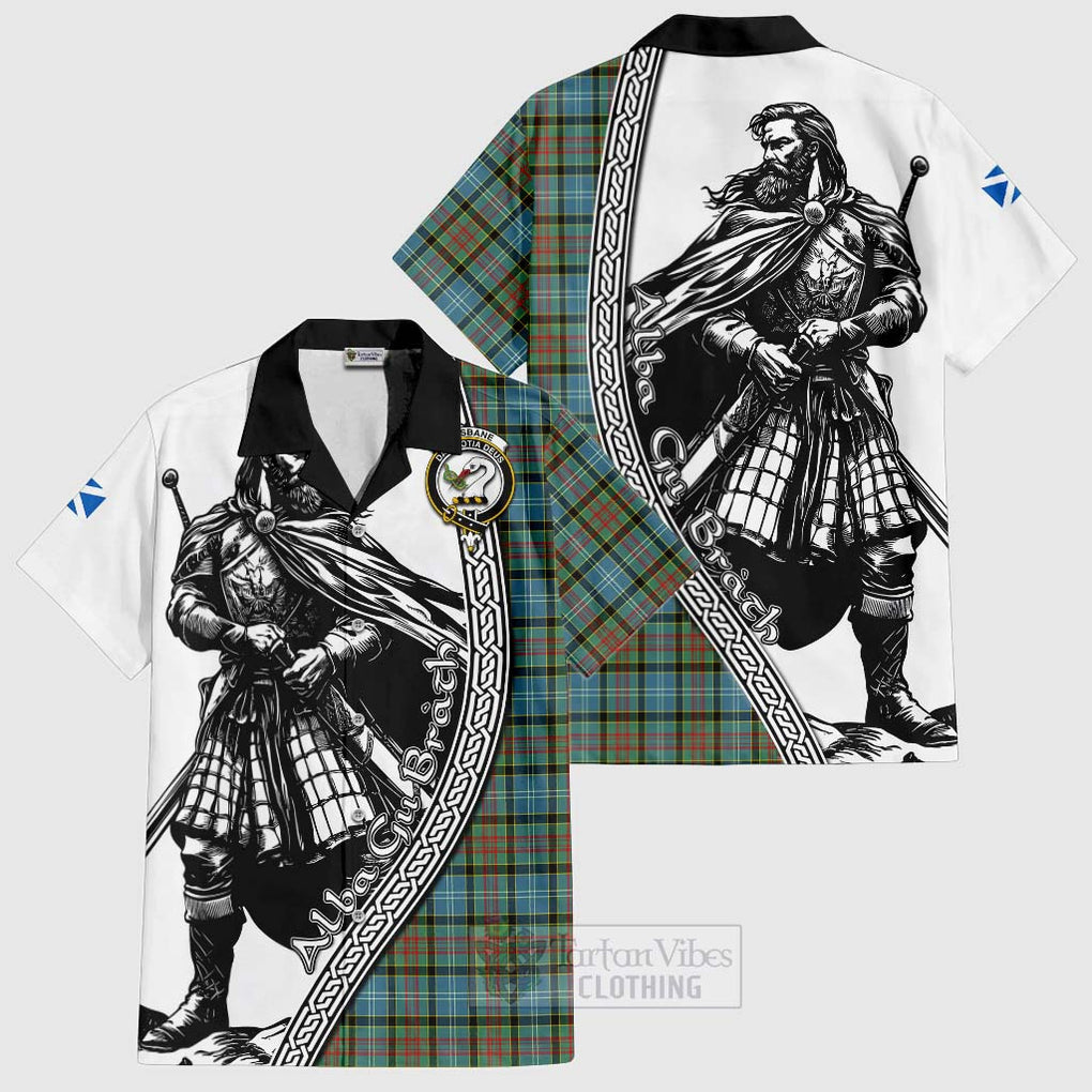 Tartan Vibes Clothing Brisbane Tartan Clan Crest Short Sleeve Button Shirt with Highlander Warrior Celtic Style