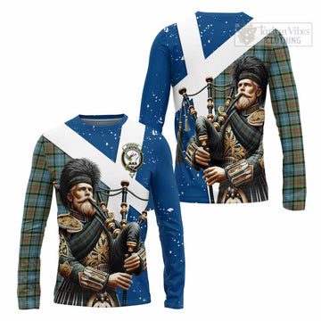 Brisbane Tartan Long Sleeve T-Shirt with Family Crest Scottish Bagpiper Vibes