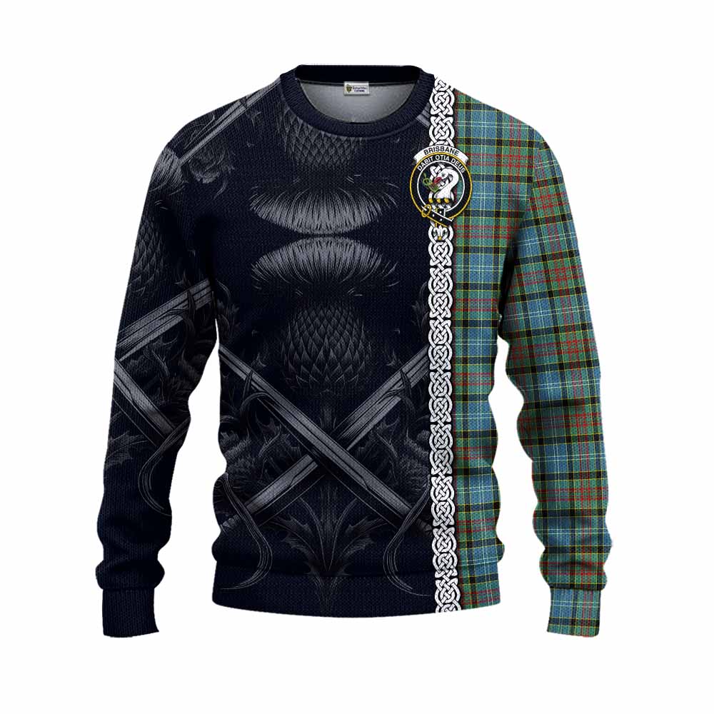 Tartan Vibes Clothing Brisbane Tartan Knitted Sweater with Family Crest Cross Sword Thistle Celtic Vibes