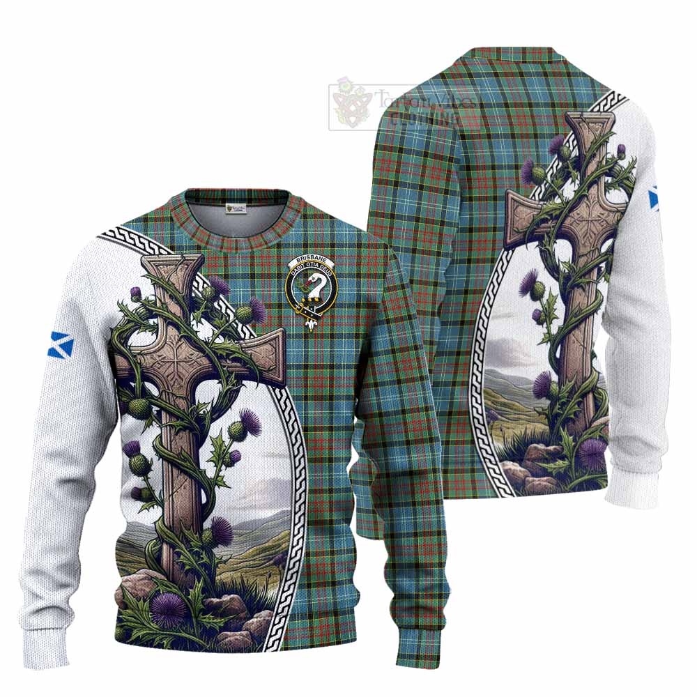 Tartan Vibes Clothing Brisbane Tartan Knitted Sweater with Family Crest and St. Andrew's Cross Accented by Thistle Vines