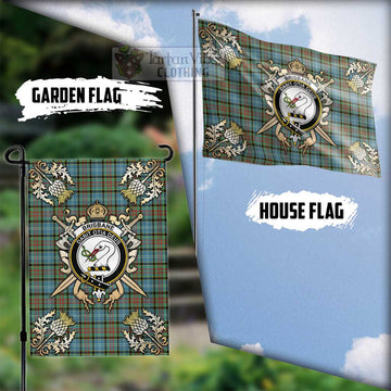 Brisbane Tartan Flag with Family Crest and Golden Thistle Crossed Sword Design