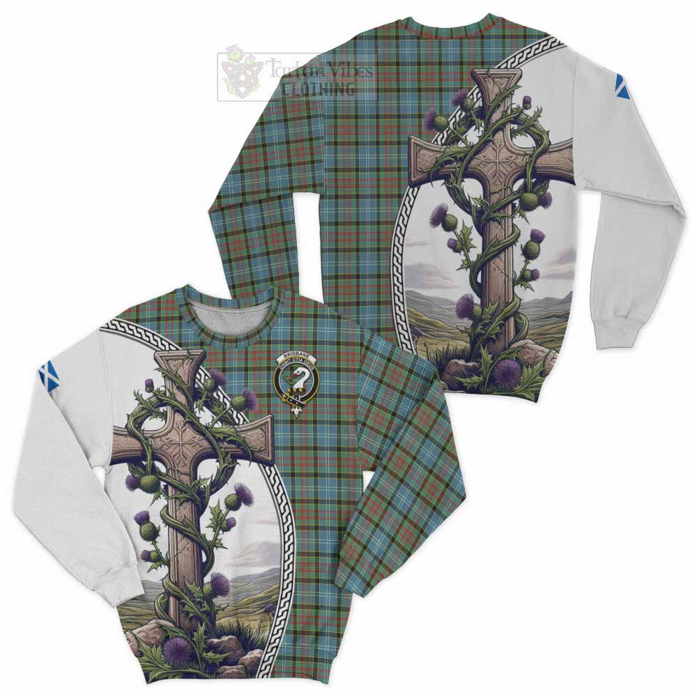 Tartan Vibes Clothing Brisbane Tartan Sweatshirt with Family Crest and St. Andrew's Cross Accented by Thistle Vines