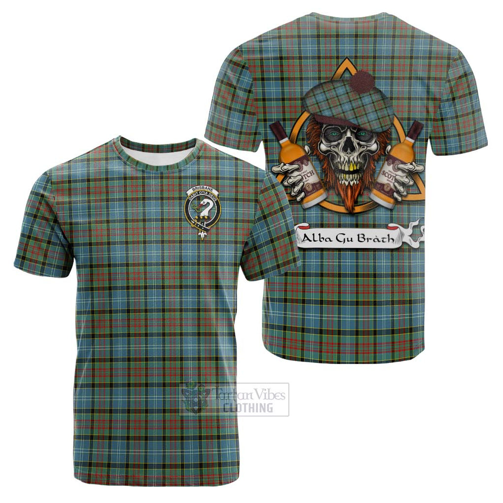 Tartan Vibes Clothing Brisbane Tartan Cotton T-shirt with Family Crest and Bearded Skull Holding Bottles of Whiskey