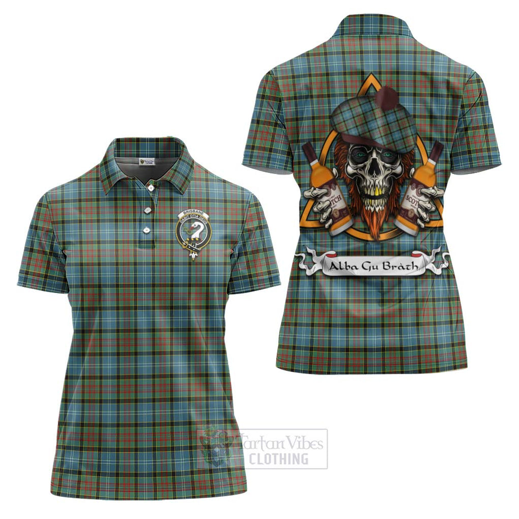 Tartan Vibes Clothing Brisbane Tartan Women's Polo Shirt with Family Crest and Bearded Skull Holding Bottles of Whiskey