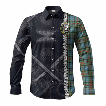 Brisbane Tartan Long Sleeve Button Shirt with Family Crest Cross Sword Thistle Celtic Vibes