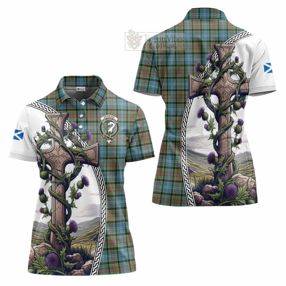 Tartan Vibes Clothing Brisbane Tartan Women's Polo Shirt with Family Crest and St. Andrew's Cross Accented by Thistle Vines