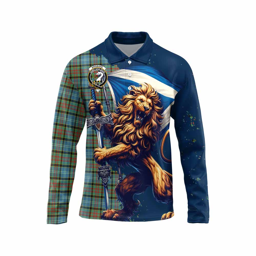 Tartan Vibes Clothing Brisbane Tartan Family Crest Long Sleeve Polo Shirt with Scottish Majestic Lion