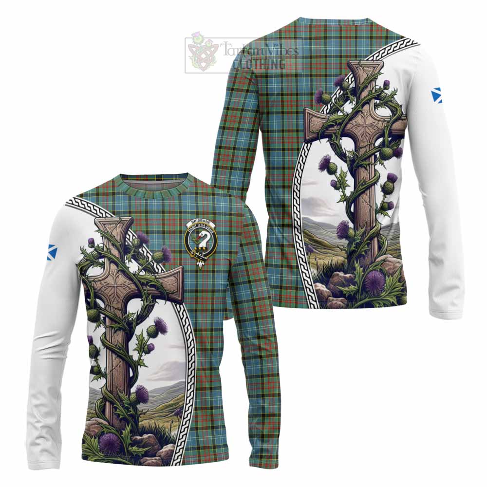 Tartan Vibes Clothing Brisbane Tartan Long Sleeve T-Shirt with Family Crest and St. Andrew's Cross Accented by Thistle Vines