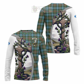 Brisbane Tartan Long Sleeve T-Shirt with Family Crest and St. Andrew's Cross Accented by Thistle Vines