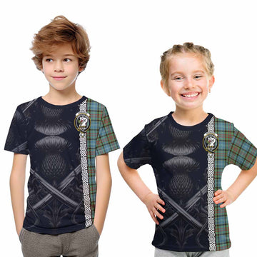 Brisbane Tartan Kid T-Shirt with Family Crest Cross Sword Thistle Celtic Vibes