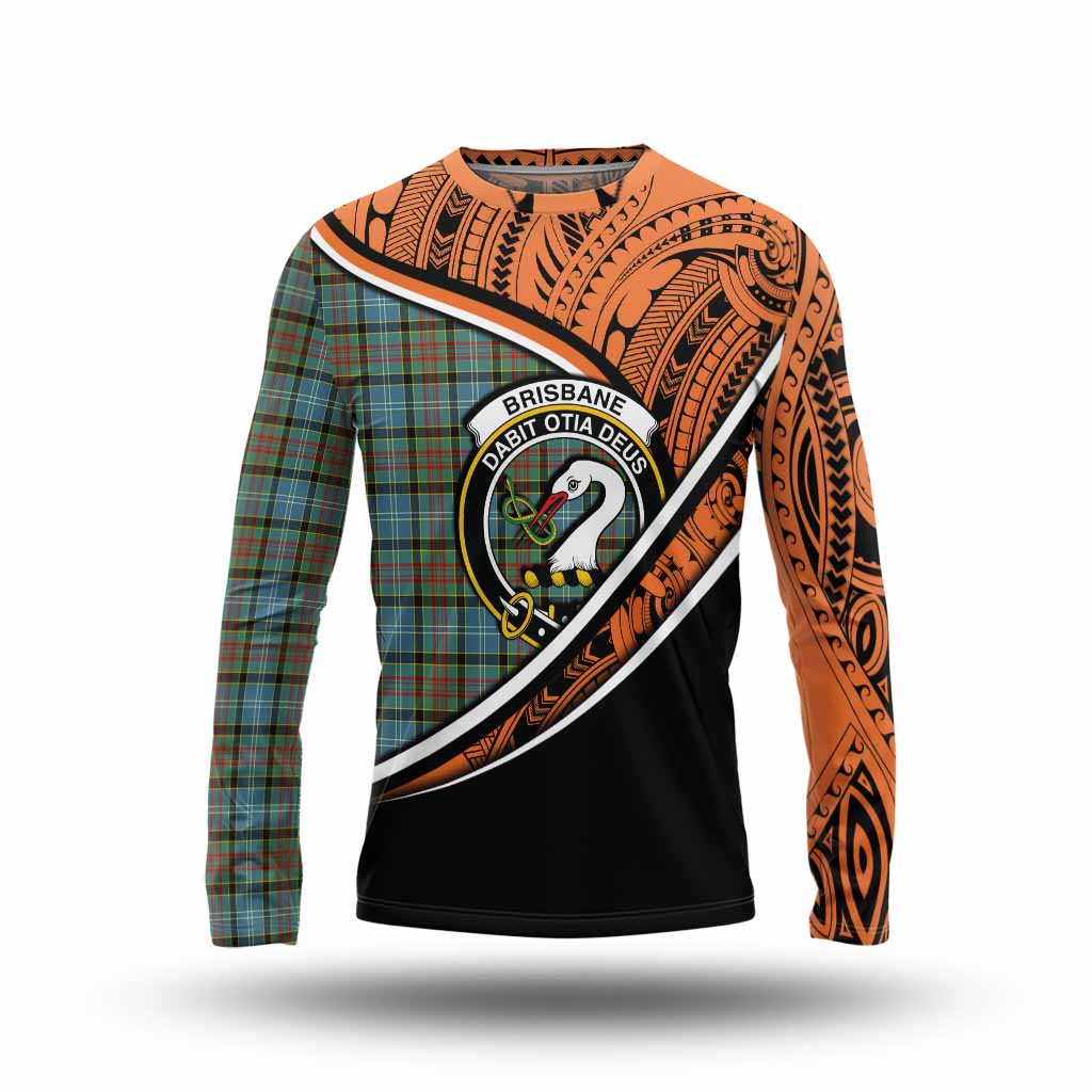 Tartan Vibes Clothing Brisbane Crest Tartan Long Sleeve T-Shirt with Maori Tattoo Style - Orange Version