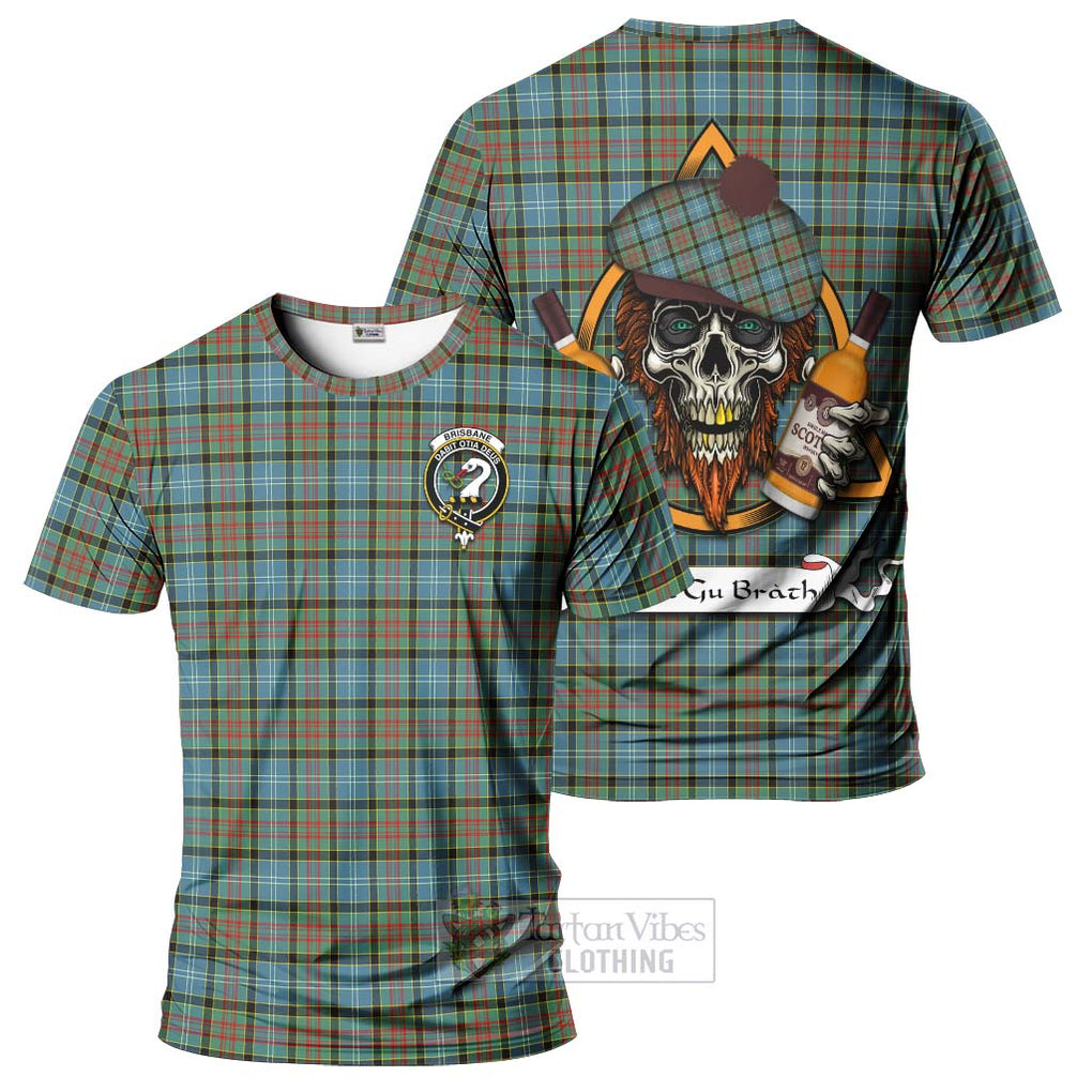 Tartan Vibes Clothing Brisbane Tartan T-Shirt with Family Crest and Bearded Skull Holding Bottles of Whiskey