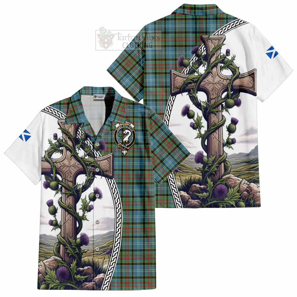 Tartan Vibes Clothing Brisbane Tartan Short Sleeve Button Shirt with Family Crest and St. Andrew's Cross Accented by Thistle Vines