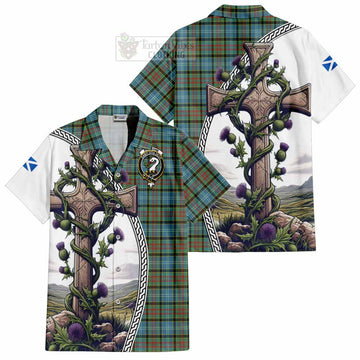 Brisbane Tartan Short Sleeve Button Shirt with Family Crest and St. Andrew's Cross Accented by Thistle Vines