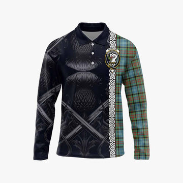 Brisbane Tartan Long Sleeve Polo Shirt with Family Crest Cross Sword Thistle Celtic Vibes