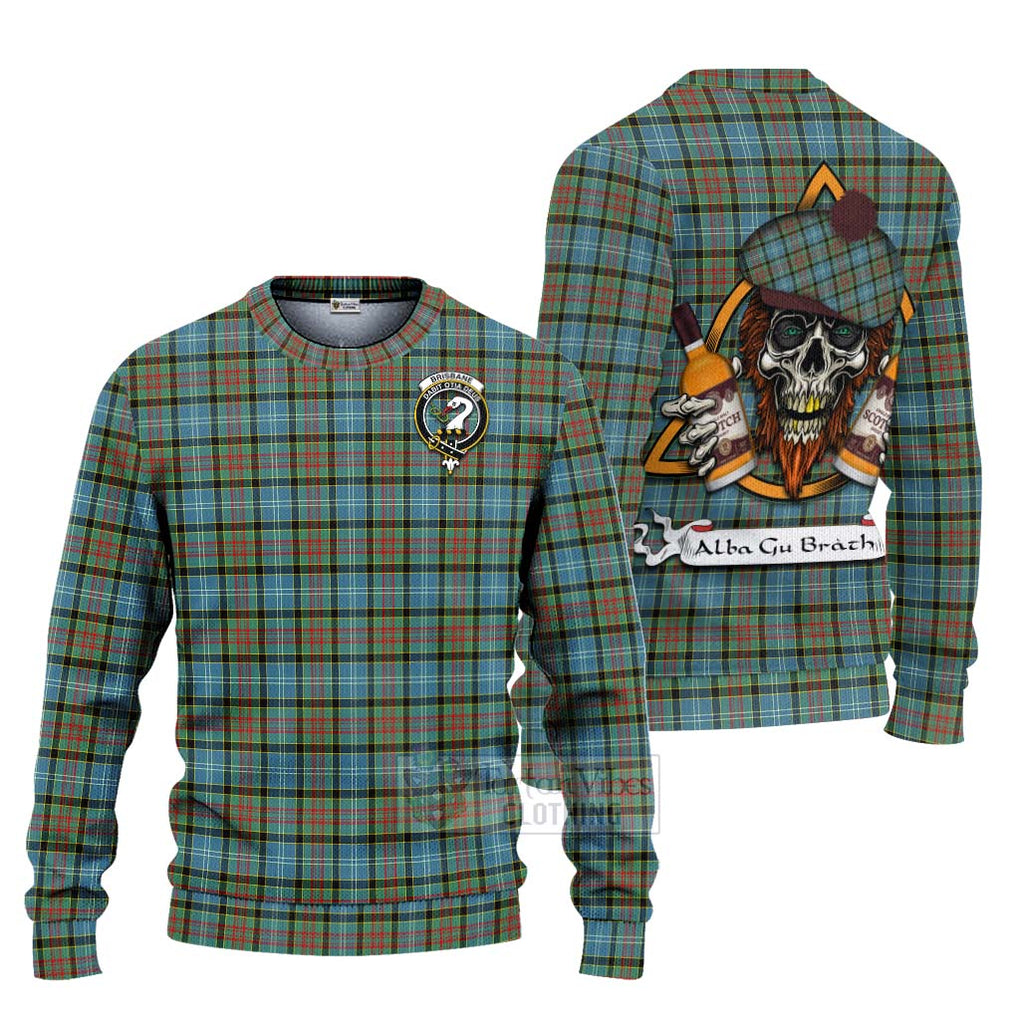 Tartan Vibes Clothing Brisbane Tartan Knitted Sweater with Family Crest and Bearded Skull Holding Bottles of Whiskey