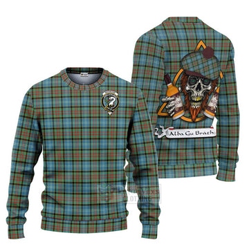 Brisbane Tartan Ugly Sweater with Family Crest and Bearded Skull Holding Bottles of Whiskey