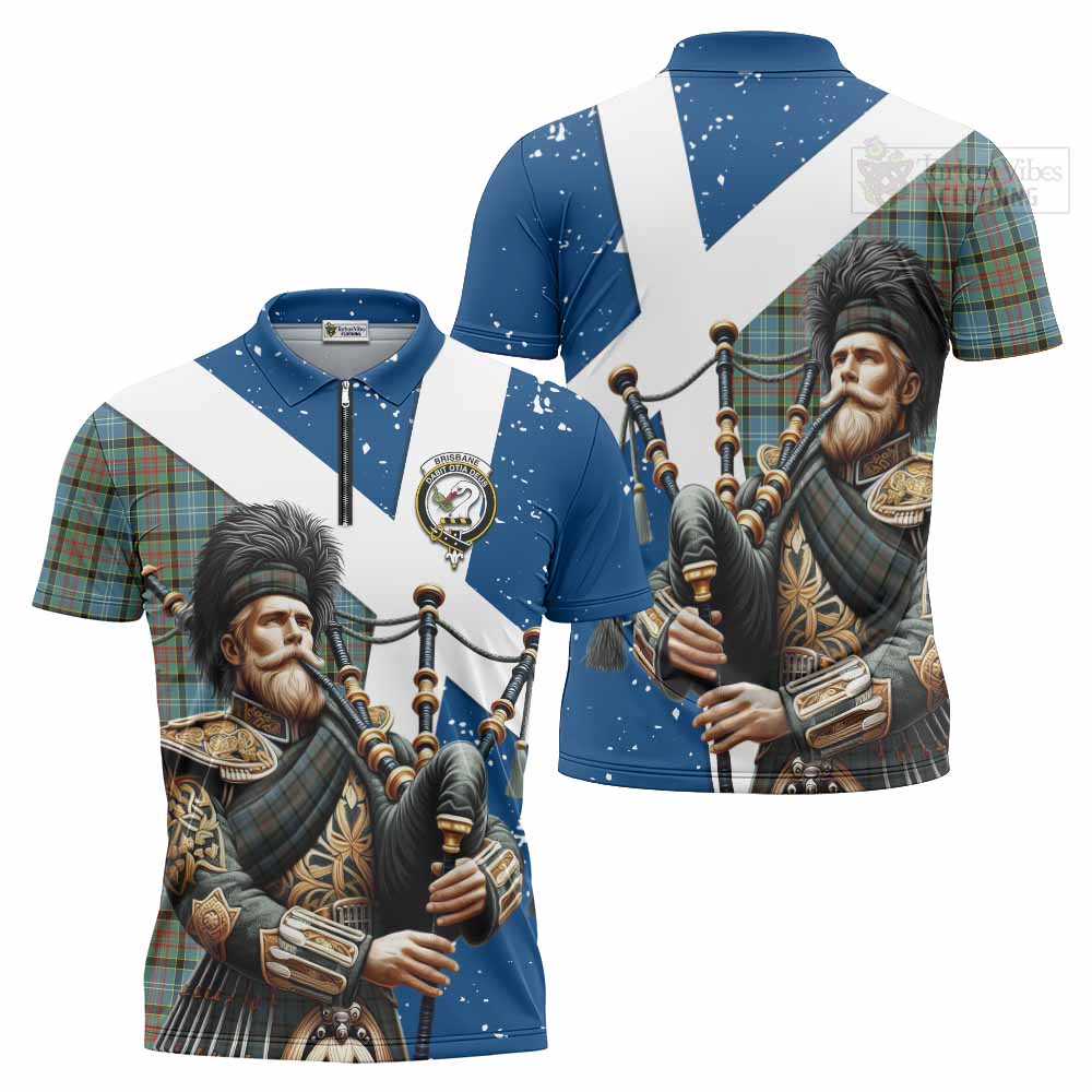 Tartan Vibes Clothing Brisbane Tartan Zipper Polo Shirt with Family Crest Scottish Bagpiper Vibes