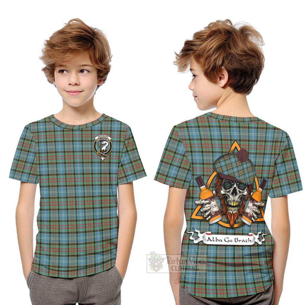 Tartan Vibes Clothing Brisbane Tartan Kid T-Shirt with Family Crest and Bearded Skull Holding Bottles of Whiskey