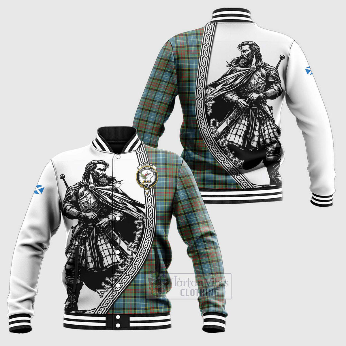 Brisbane Tartan Clan Crest Baseball Jacket with Highlander Warrior Celtic Style Unisex - Tartan Vibes Clothing