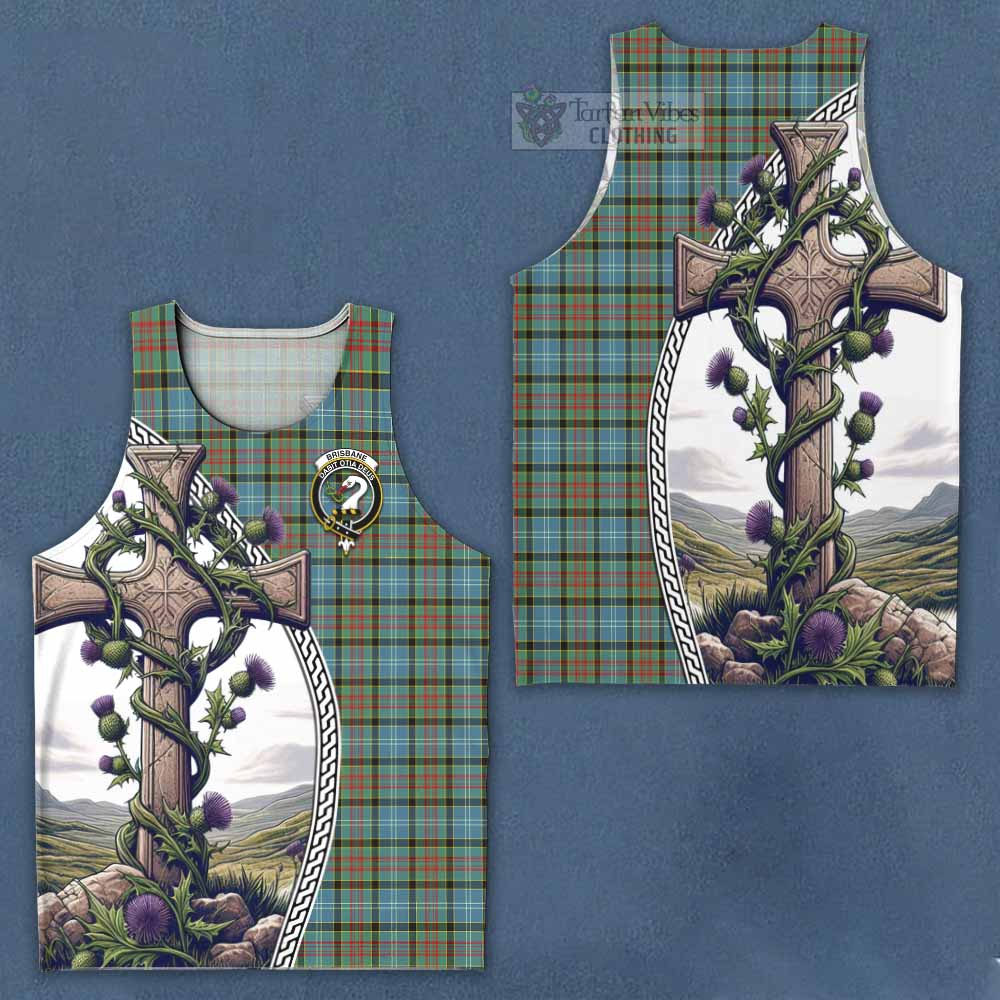 Tartan Vibes Clothing Brisbane Tartan Men's Tank Top with Family Crest and St. Andrew's Cross Accented by Thistle Vines