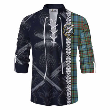 Brisbane Tartan Ghillie Kilt Shirt with Family Crest Cross Sword Thistle Celtic Vibes