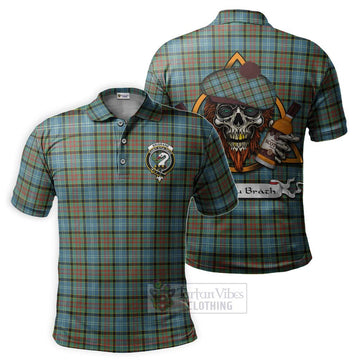 Brisbane Tartan Polo Shirt with Family Crest and Bearded Skull Holding Bottles of Whiskey