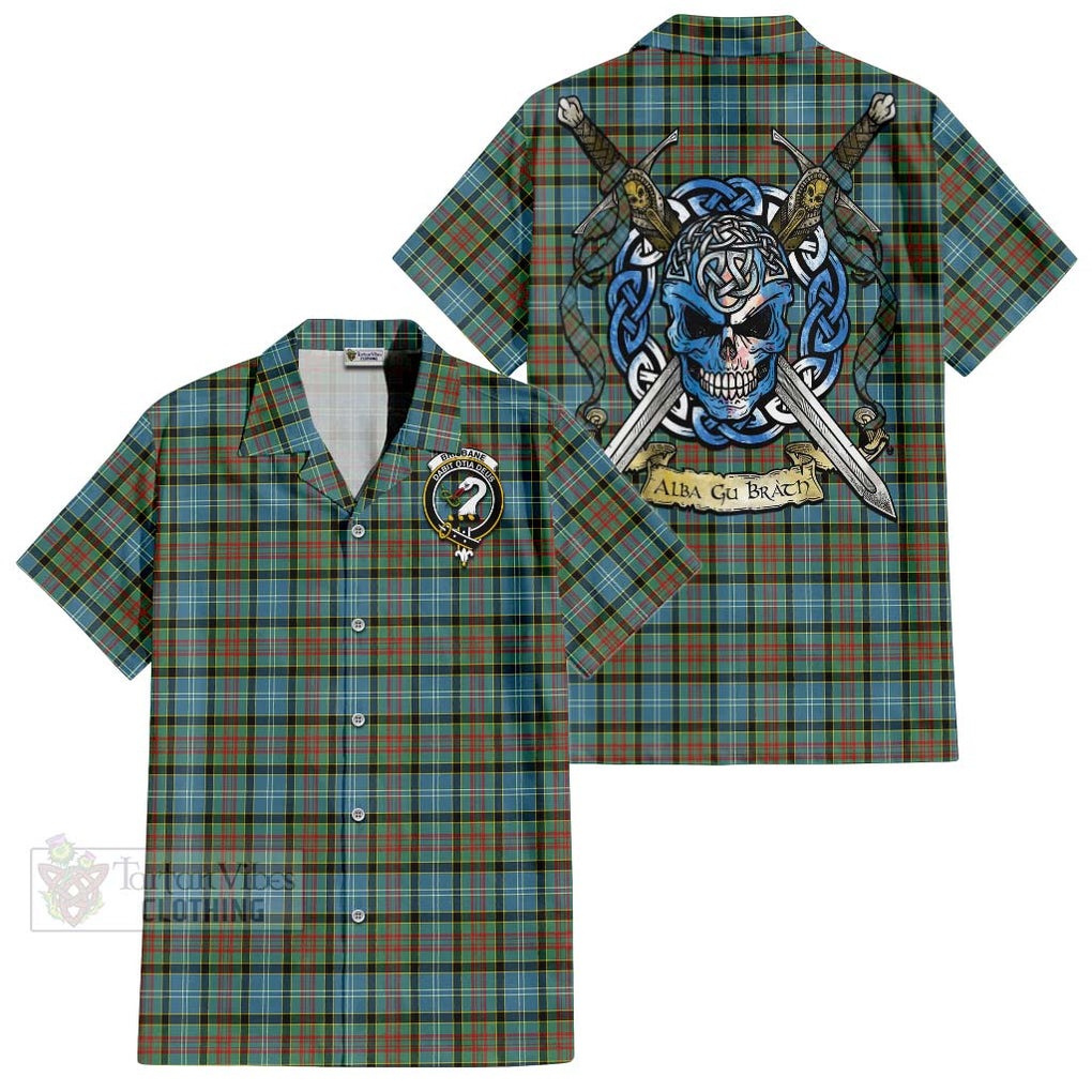 Tartan Vibes Clothing Brisbane Tartan Short Sleeve Button Shirt with Family Crest Celtic Skull Style