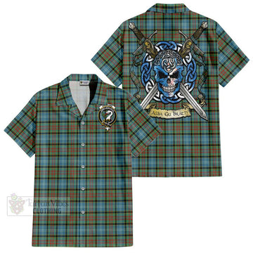 Brisbane Tartan Short Sleeve Button Shirt with Family Crest Celtic Skull Style