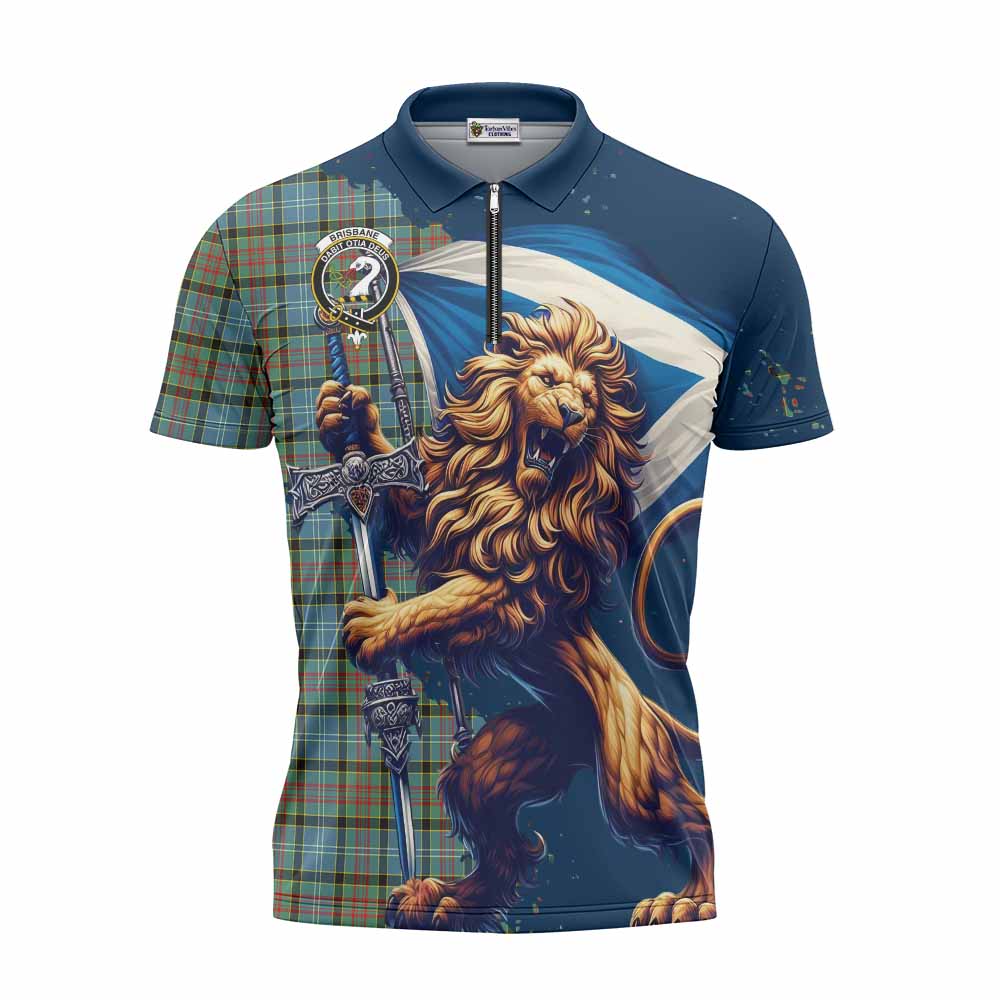 Tartan Vibes Clothing Brisbane Tartan Family Crest Zipper Polo Shirt with Scottish Majestic Lion