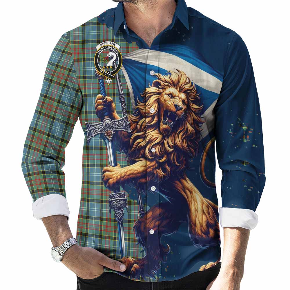 Tartan Vibes Clothing Brisbane Tartan Family Crest Long Sleeve Button Shirt with Scottish Majestic Lion