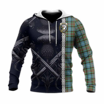 Brisbane Tartan Knitted Hoodie with Family Crest Cross Sword Thistle Celtic Vibes