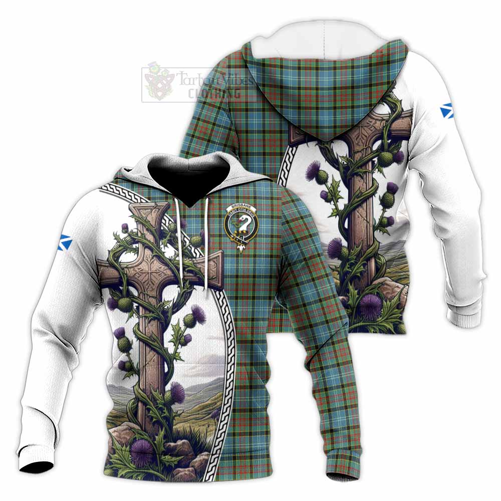 Tartan Vibes Clothing Brisbane Tartan Knitted Hoodie with Family Crest and St. Andrew's Cross Accented by Thistle Vines