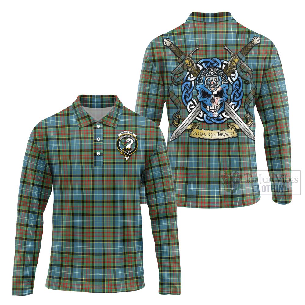 Brisbane Tartan Long Sleeve Polo Shirt with Family Crest Celtic Skull Style Unisex - Tartan Vibes Clothing