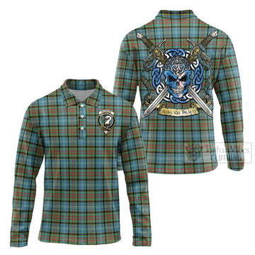 Brisbane Tartan Long Sleeve Polo Shirt with Family Crest Celtic Skull Style