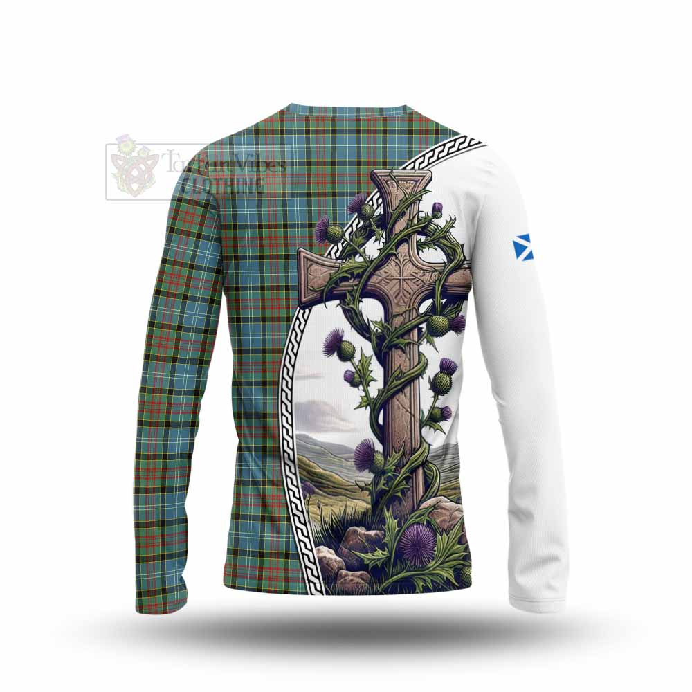 Tartan Vibes Clothing Brisbane Tartan Long Sleeve T-Shirt with Family Crest and St. Andrew's Cross Accented by Thistle Vines