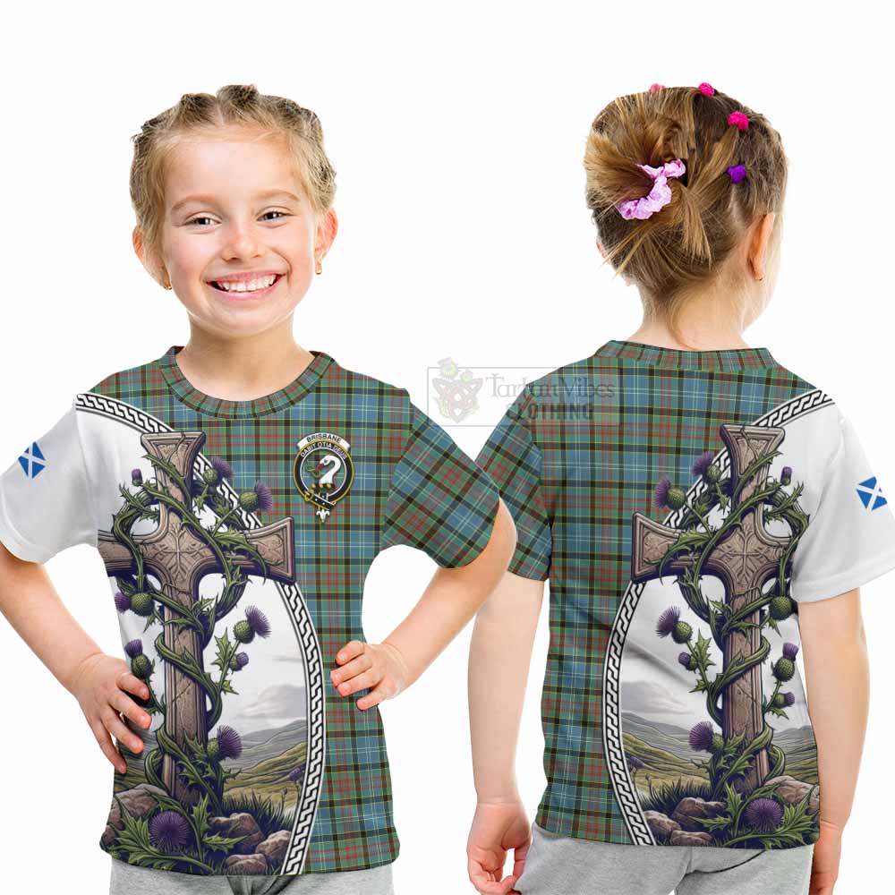 Tartan Vibes Clothing Brisbane Tartan Kid T-Shirt with Family Crest and St. Andrew's Cross Accented by Thistle Vines