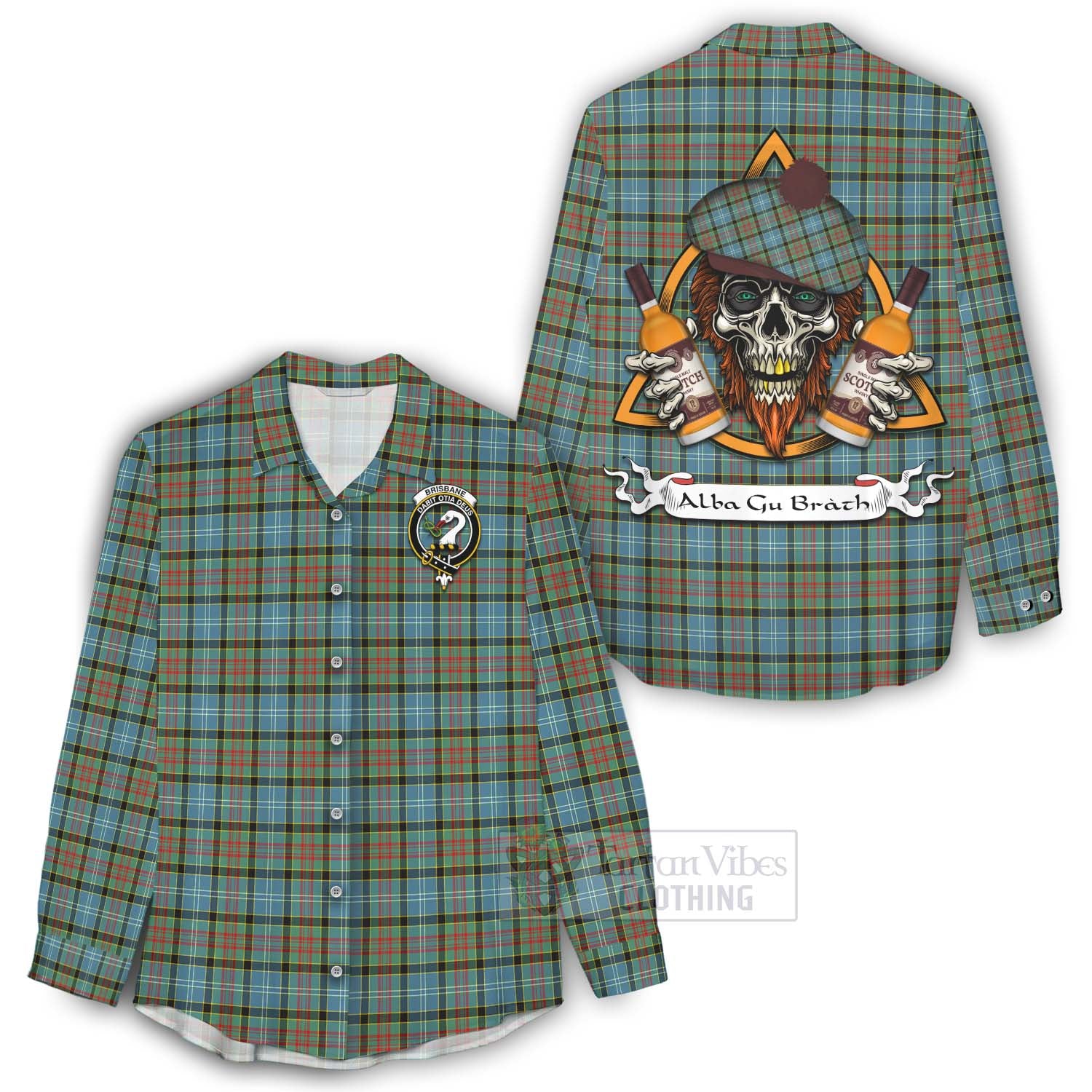 Tartan Vibes Clothing Brisbane Tartan Women's Casual Shirt with Family Crest and Bearded Skull Holding Bottles of Whiskey