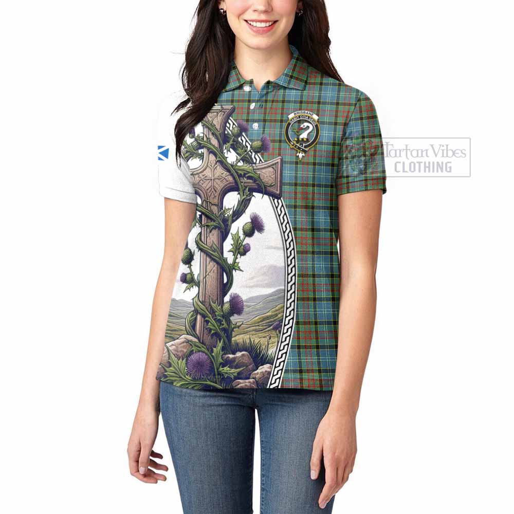 Tartan Vibes Clothing Brisbane Tartan Women's Polo Shirt with Family Crest and St. Andrew's Cross Accented by Thistle Vines