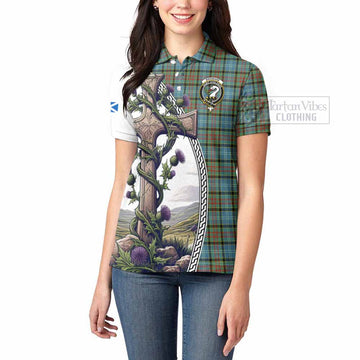 Brisbane Tartan Women's Polo Shirt with Family Crest and St. Andrew's Cross Accented by Thistle Vines