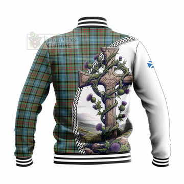 Brisbane Tartan Baseball Jacket with Family Crest and St. Andrew's Cross Accented by Thistle Vines