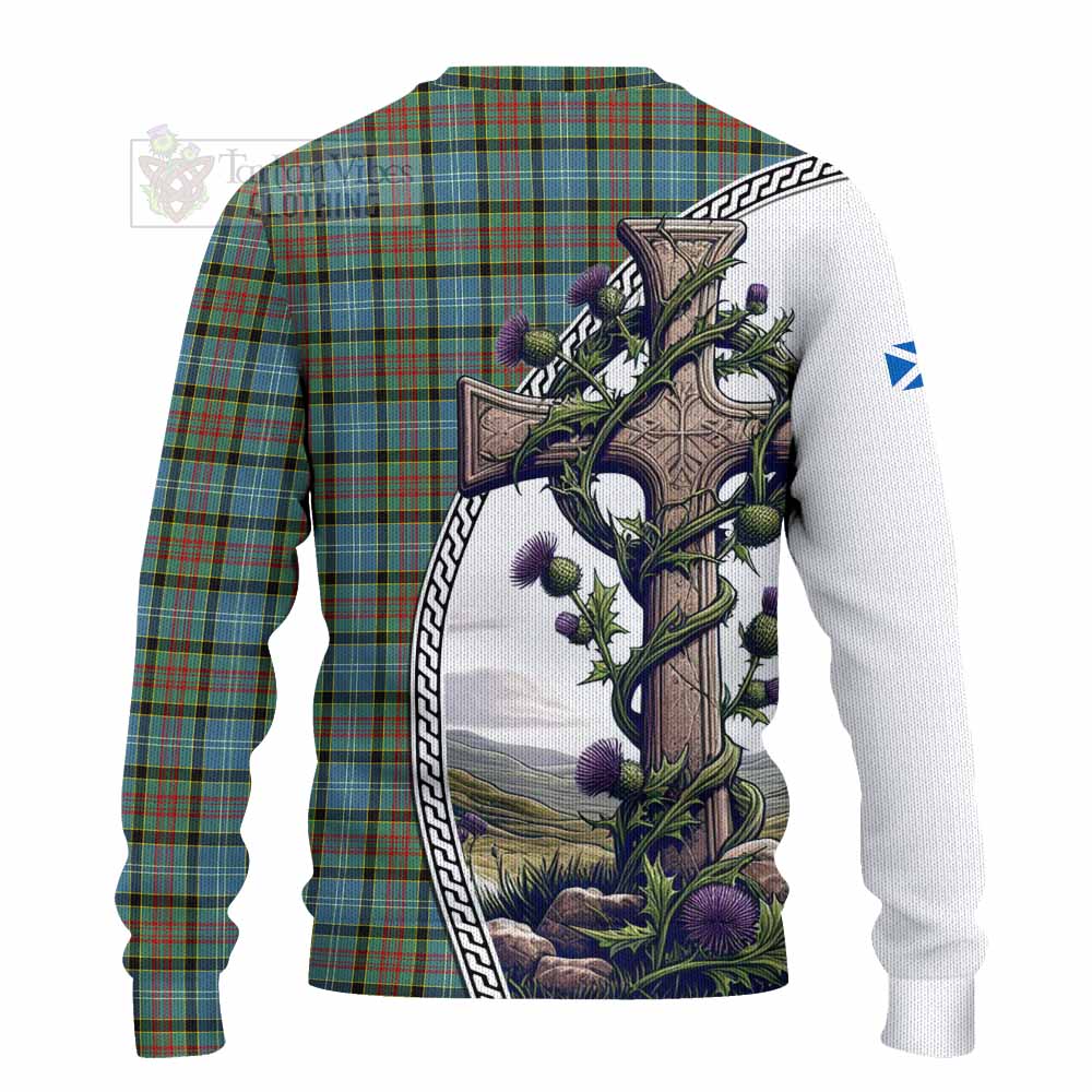 Tartan Vibes Clothing Brisbane Tartan Knitted Sweater with Family Crest and St. Andrew's Cross Accented by Thistle Vines