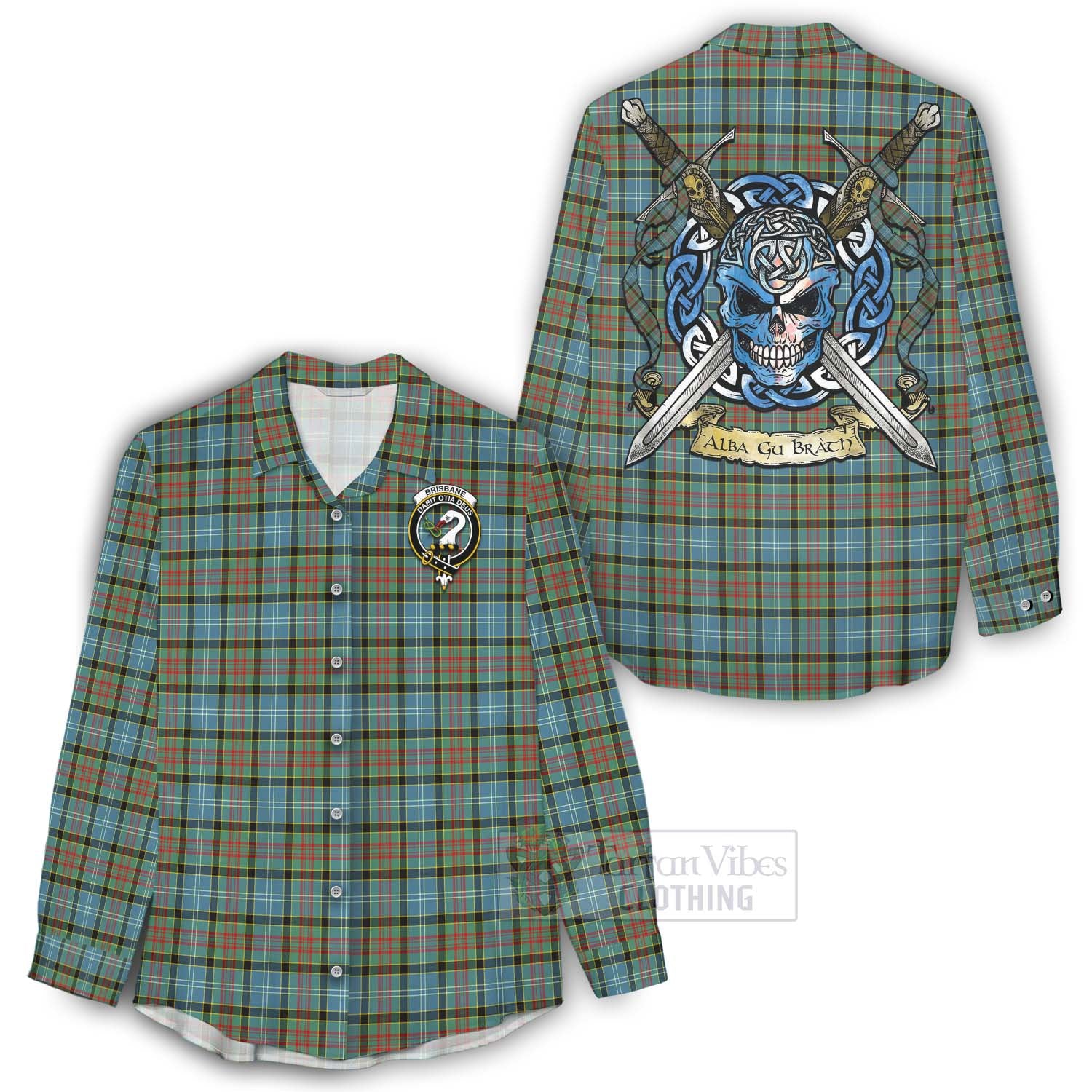 Tartan Vibes Clothing Brisbane Tartan Women's Casual Shirt with Family Crest Celtic Skull Style