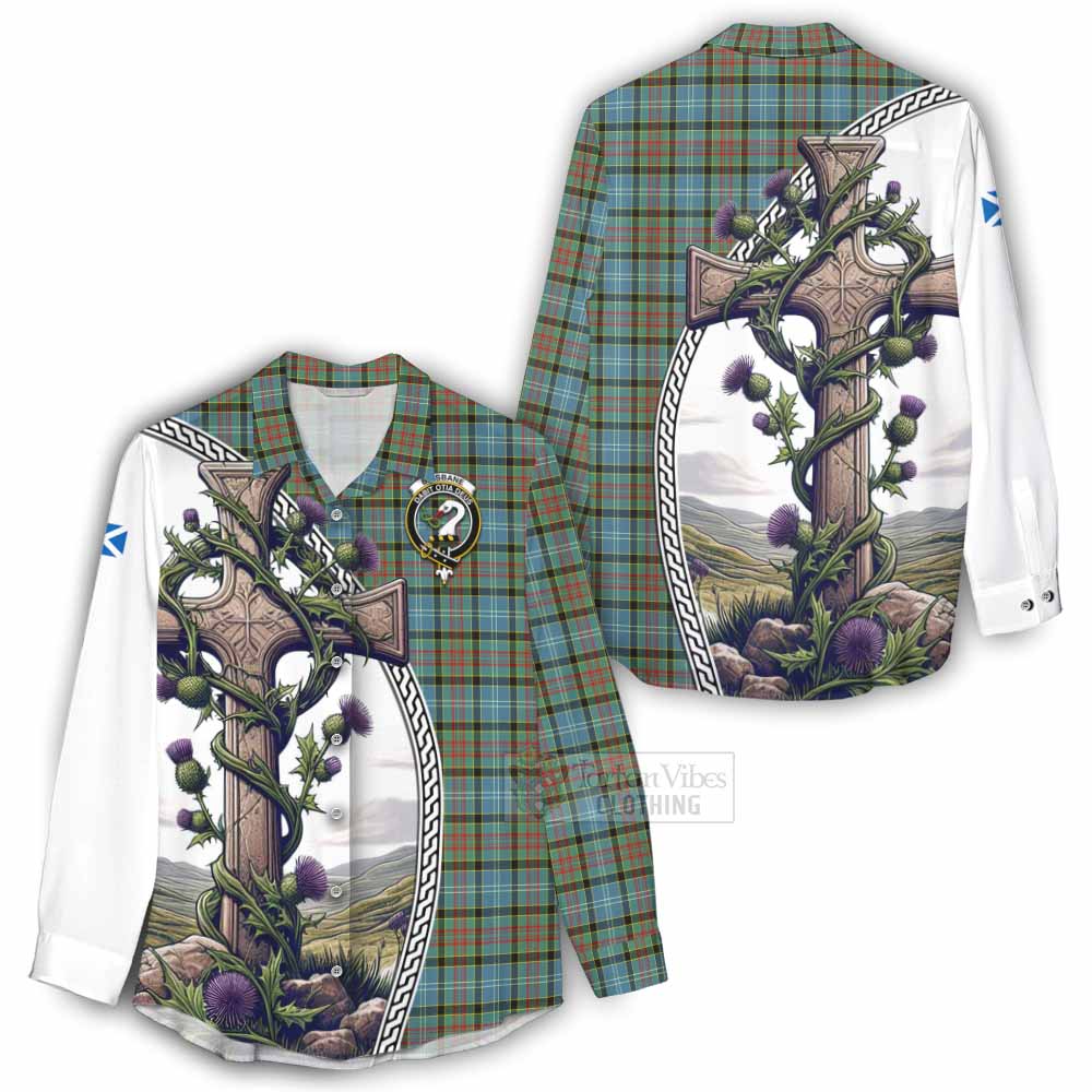 Tartan Vibes Clothing Brisbane Tartan Women's Casual Shirt with Family Crest and St. Andrew's Cross Accented by Thistle Vines