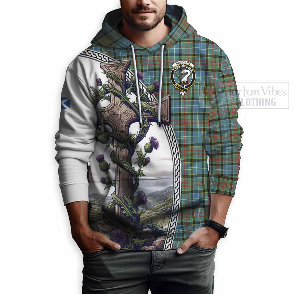 Tartan Vibes Clothing Brisbane Tartan Hoodie with Family Crest and St. Andrew's Cross Accented by Thistle Vines