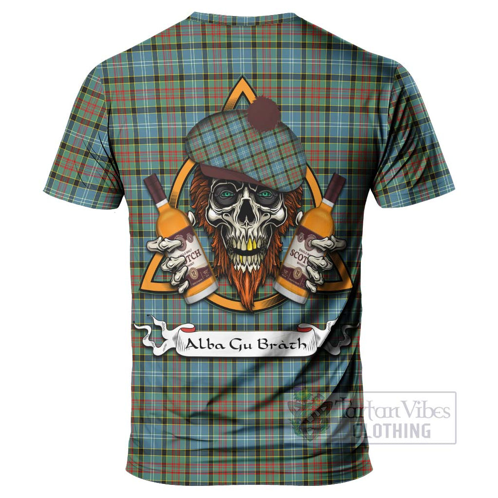 Tartan Vibes Clothing Brisbane Tartan T-Shirt with Family Crest and Bearded Skull Holding Bottles of Whiskey